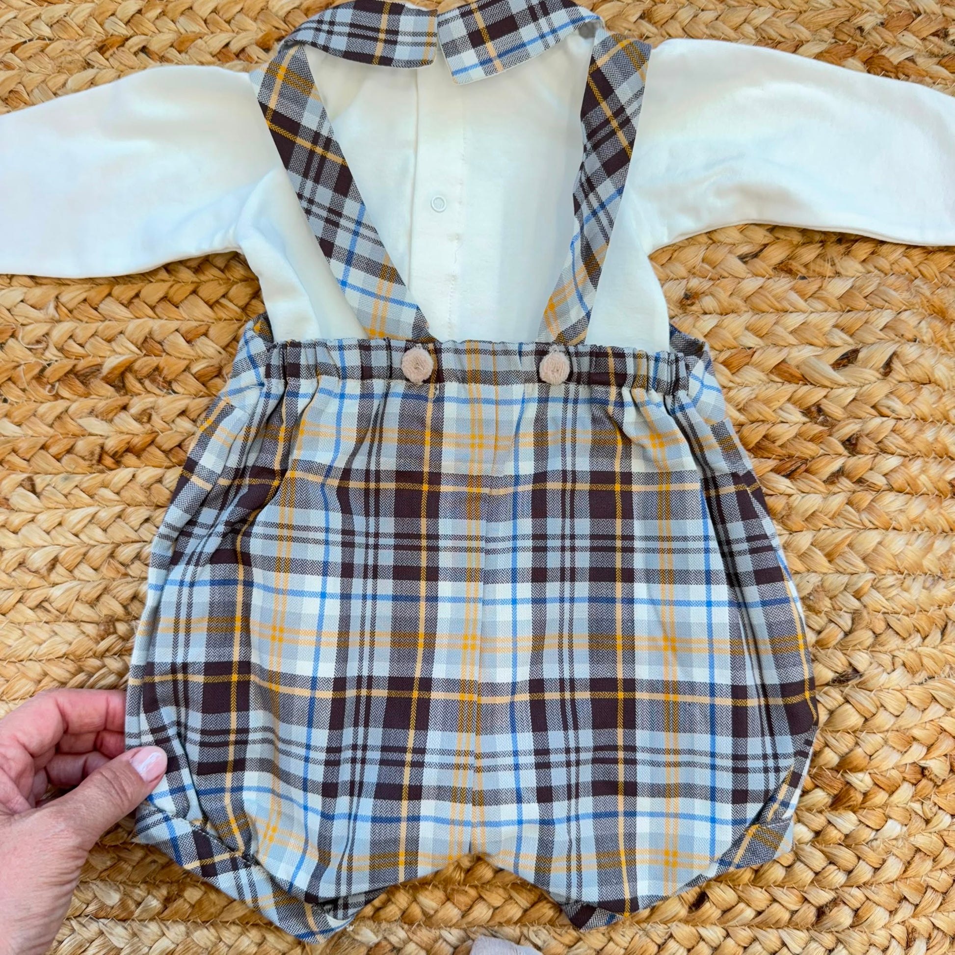 Pagliacetto neonato caldo cotone con fantasia tartan azzurra e marrone