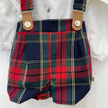 Completo salopette natalizio bimbo Calamaro Baby con camicia bianca e pantaloncini tartan rossi, verdi e blu con bretelle