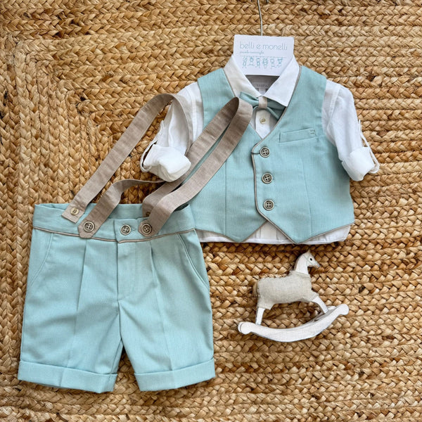 completo battesimo bimbo verde salvia con gilet e bretelle