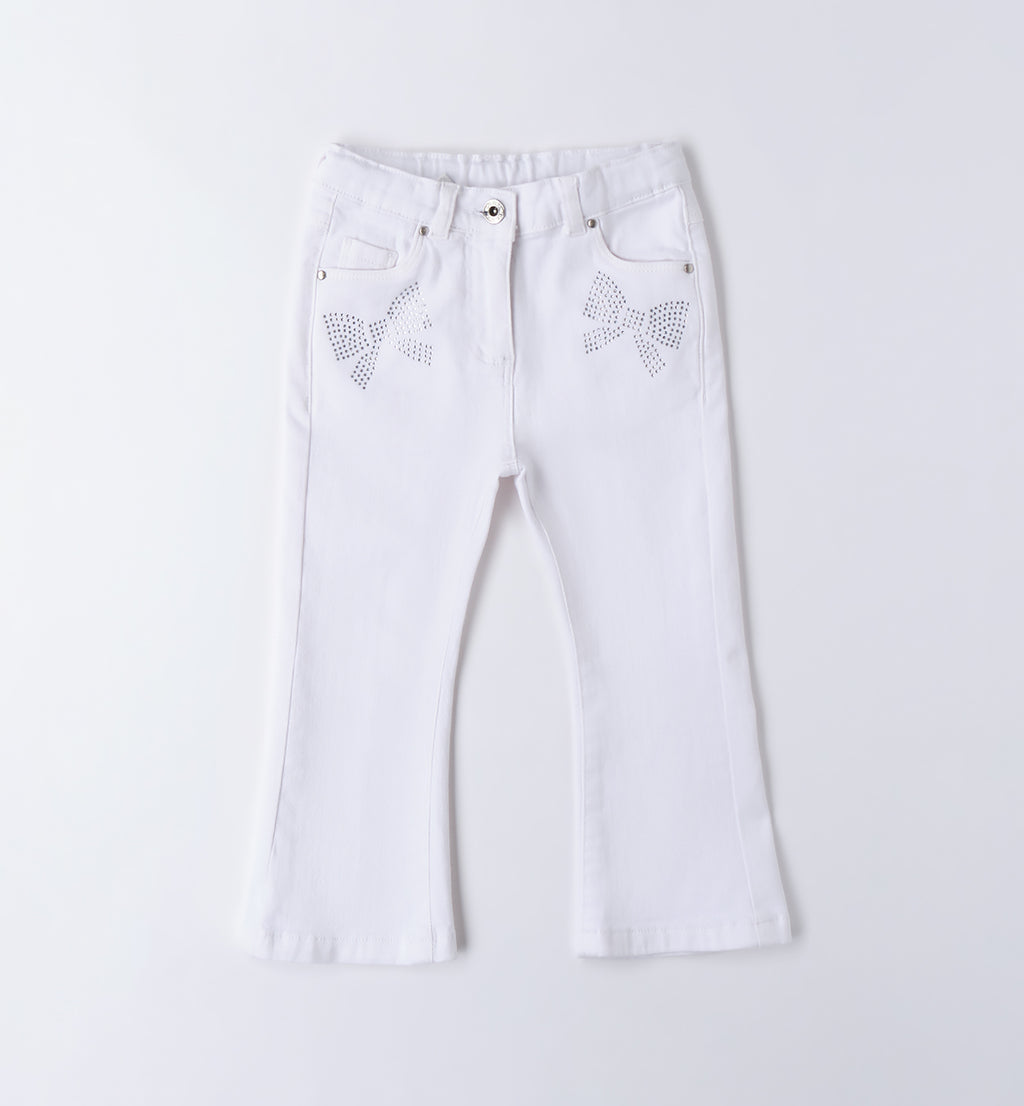 Pantalone bianco bambina con fiocco in strass

