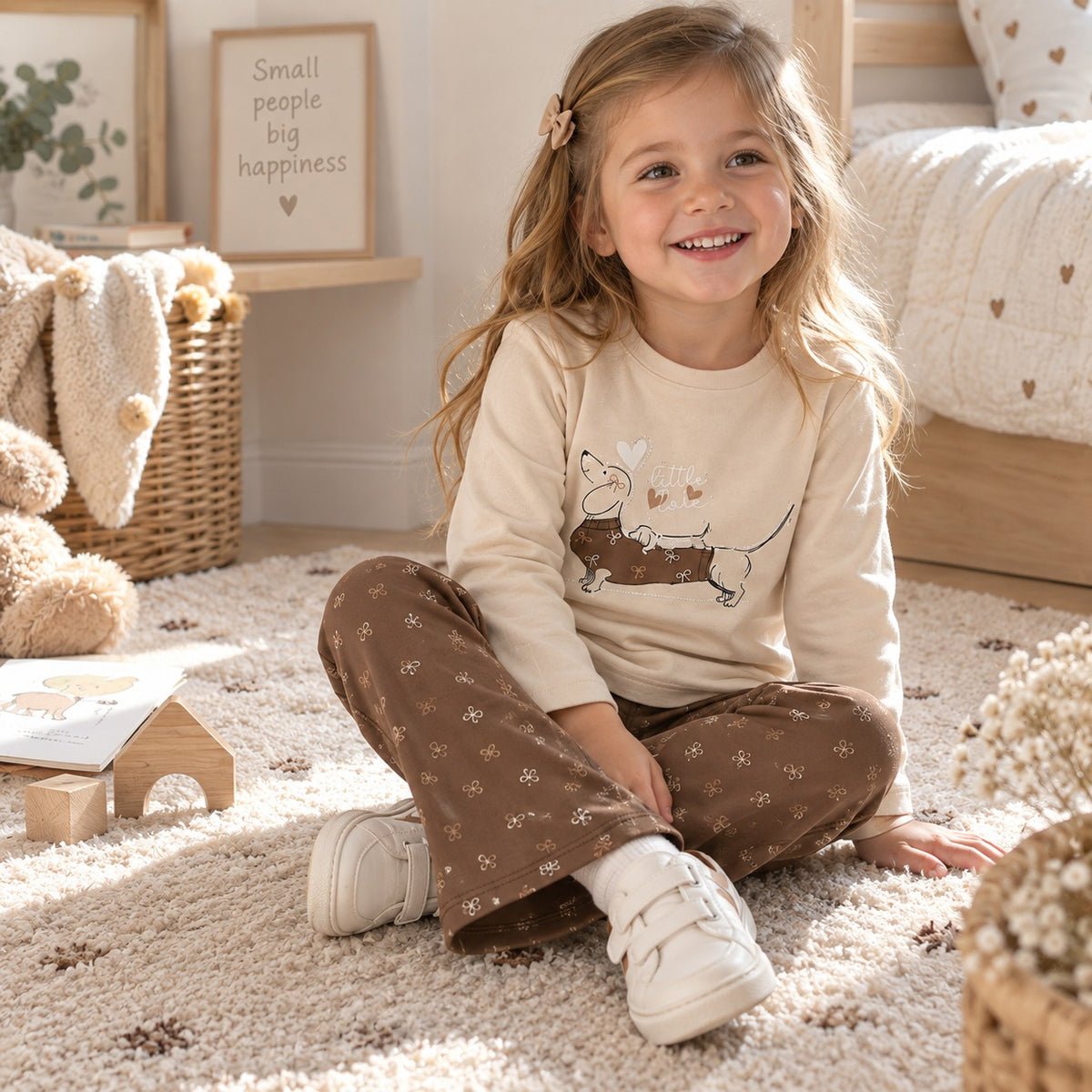 Completo bimba 100% cotone con maglia beige stampa cagnolino e pantalone marrone fantasia fiocchetti