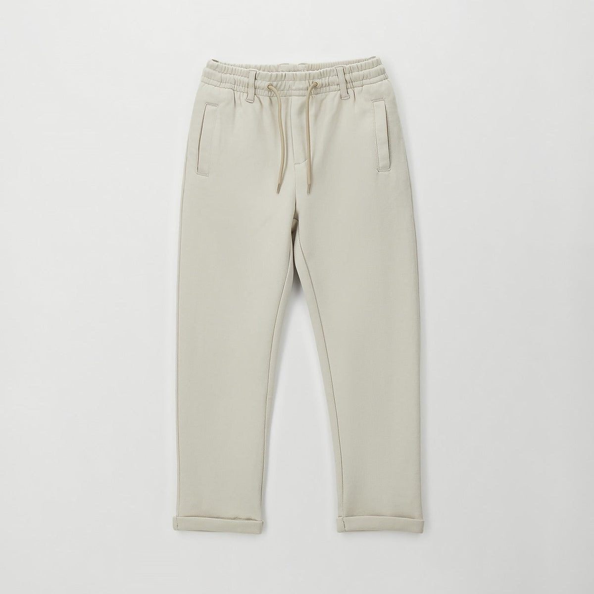 Pantalone bimbo beige in cotone con vita elasticizzata coulisse e tasche vista frontale