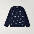 Maglione bimbo blu in cotone e lana con ricami ispirati al viaggio