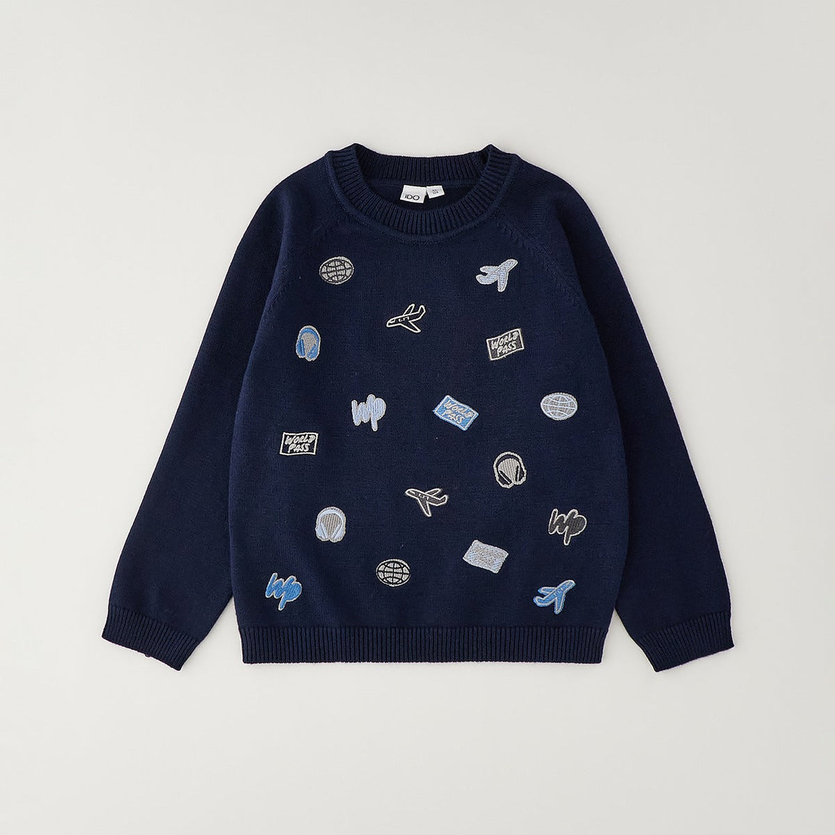 Maglione bimbo blu in cotone e lana con ricami ispirati al viaggio