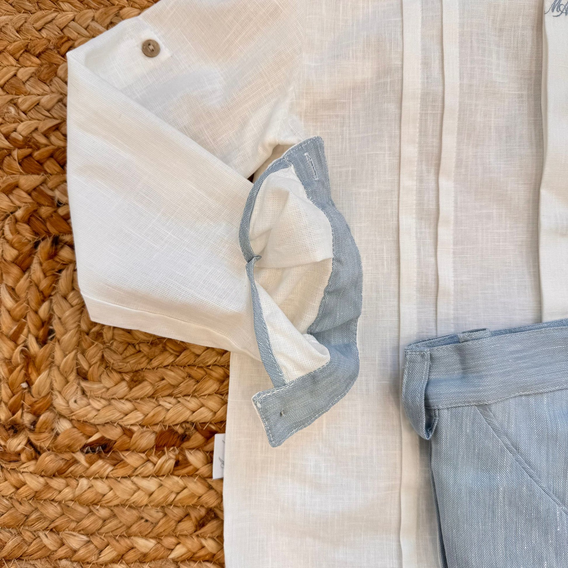 pantalone bimbo azzurro in lino e viscosa con tasche e bottone