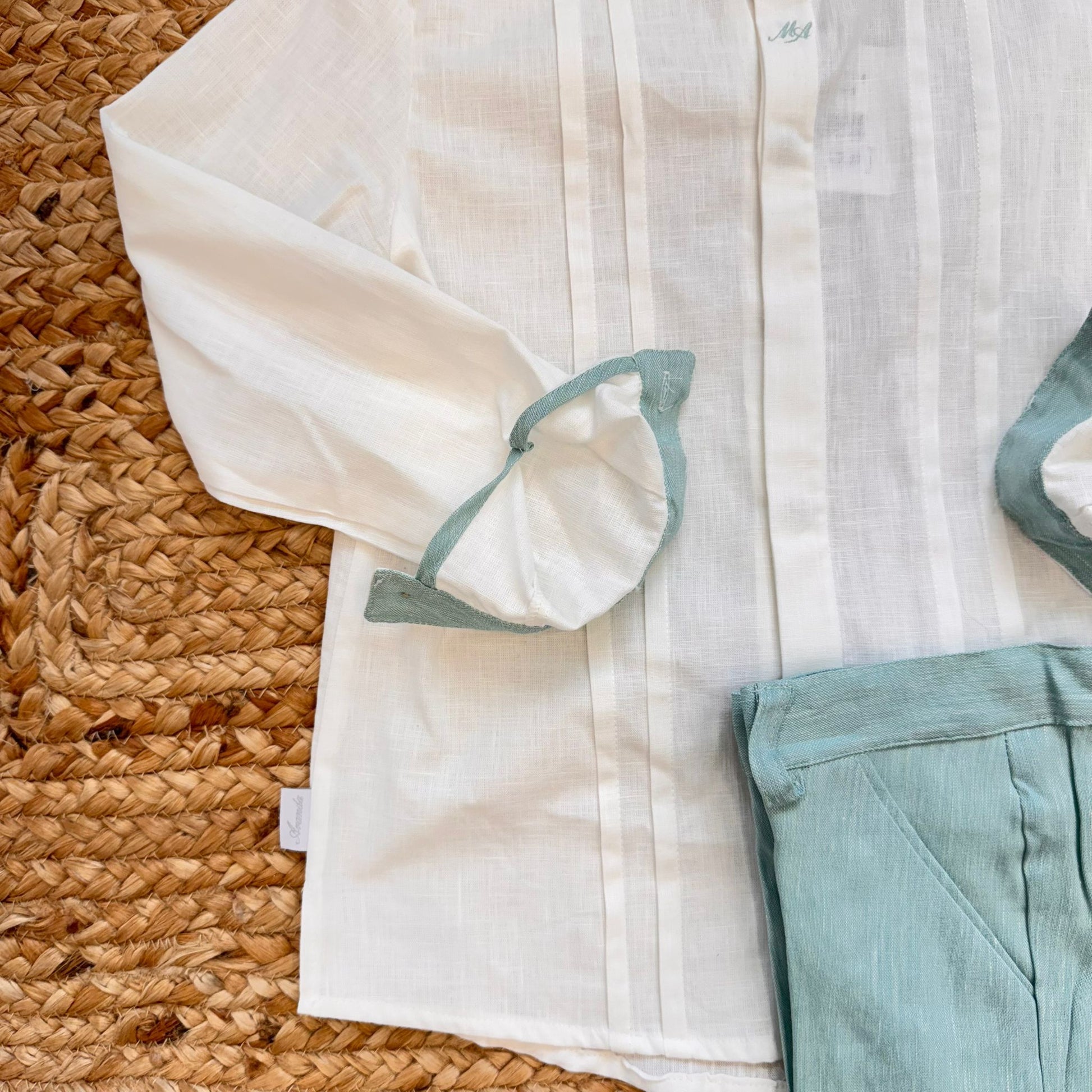 pantalone bimbo verde acqua in lino e viscosa con tasche e bottone
