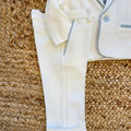 Completo battesimo bimbo bianco e celeste con giacca, pantalone lungo, gilet, papillon e pochette