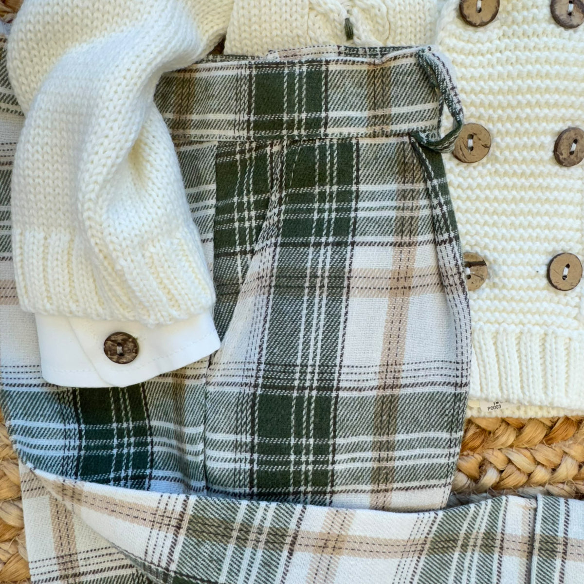 Completo cerimonia bimbo panna e verde tartan con cardigan