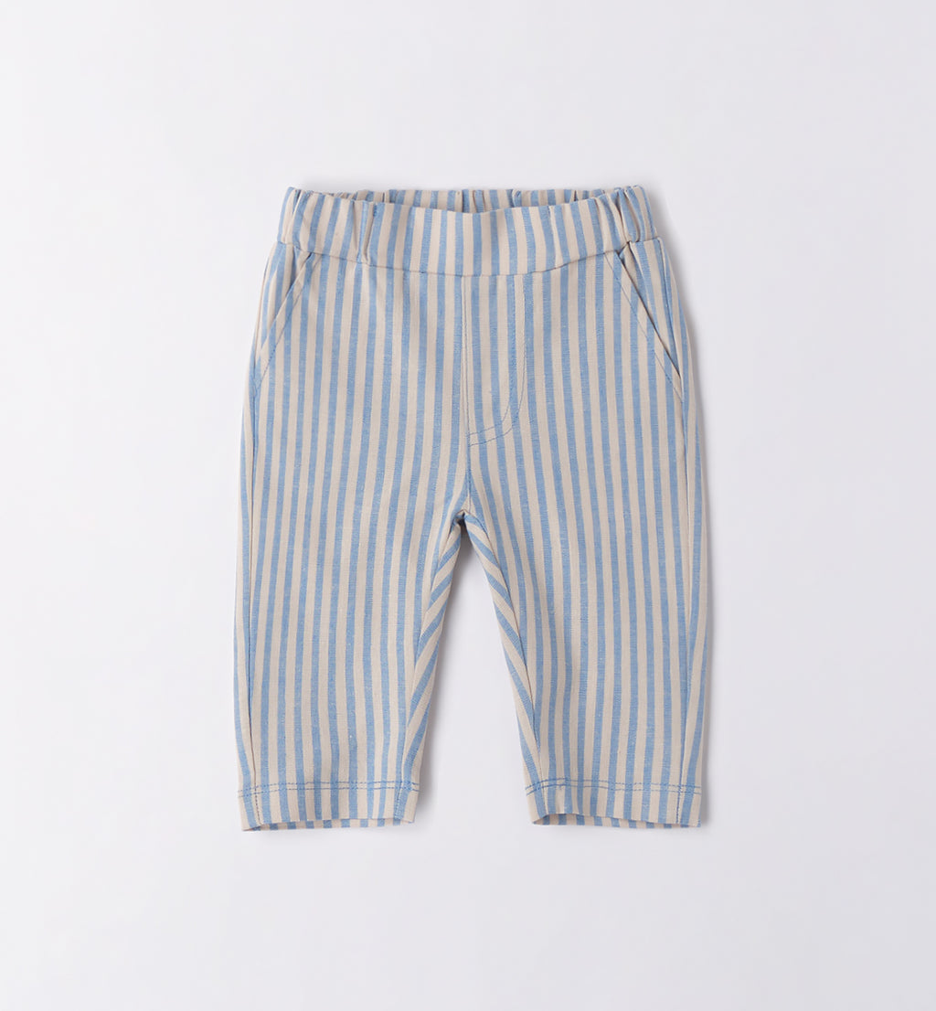 Pantaloni bambino a righe azzurro e beige con tasche dietro