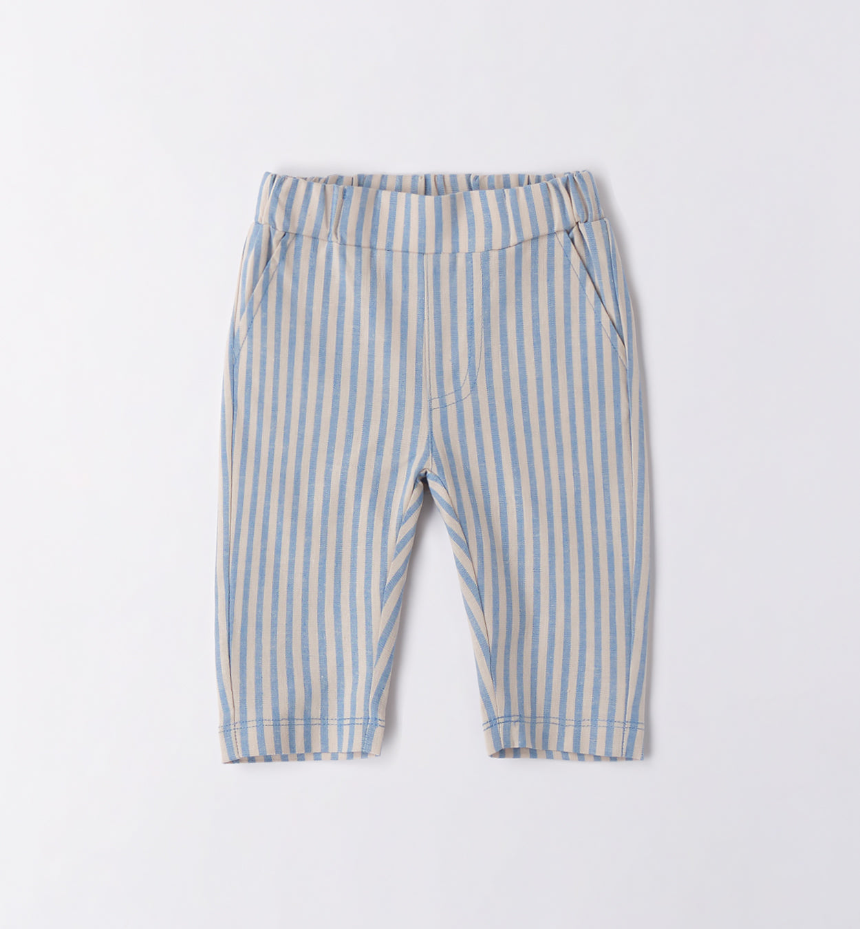Pantaloni bambino a righe azzurro e beige con tasche dietro