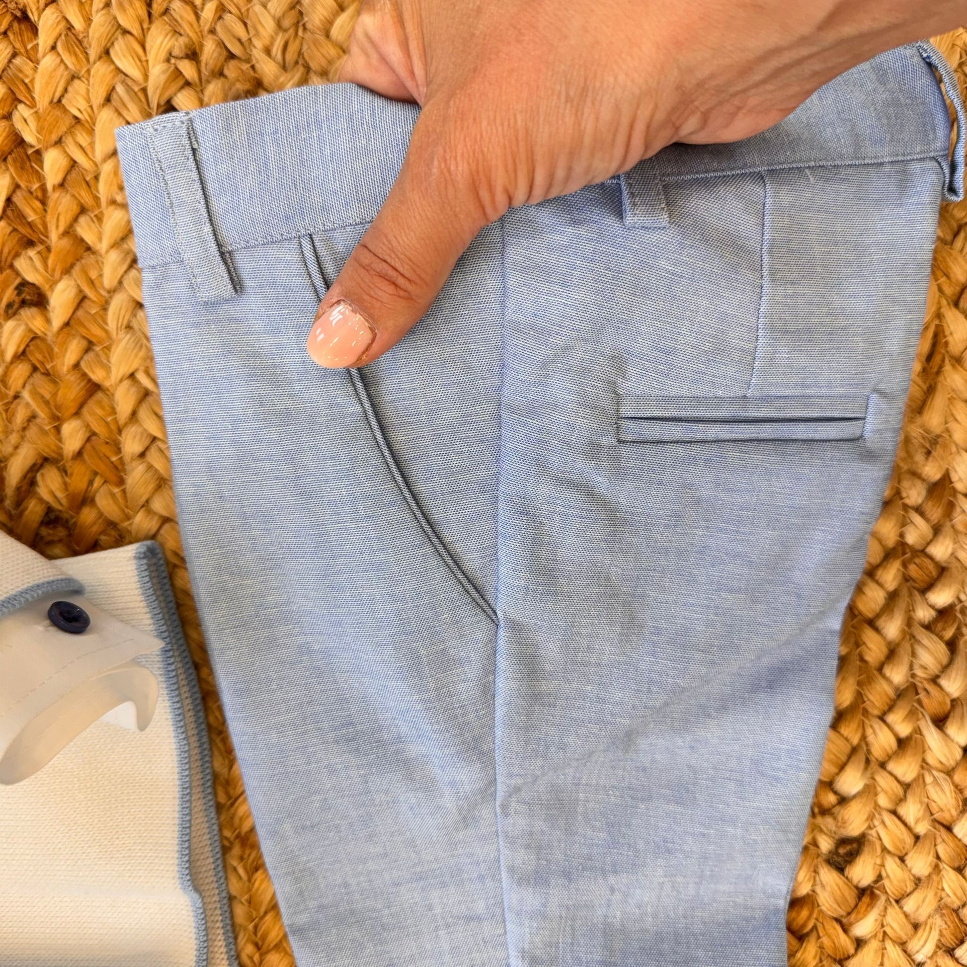 pantaloni sartoriali azzurro chiaro in lino e cotone per battesimo neonato