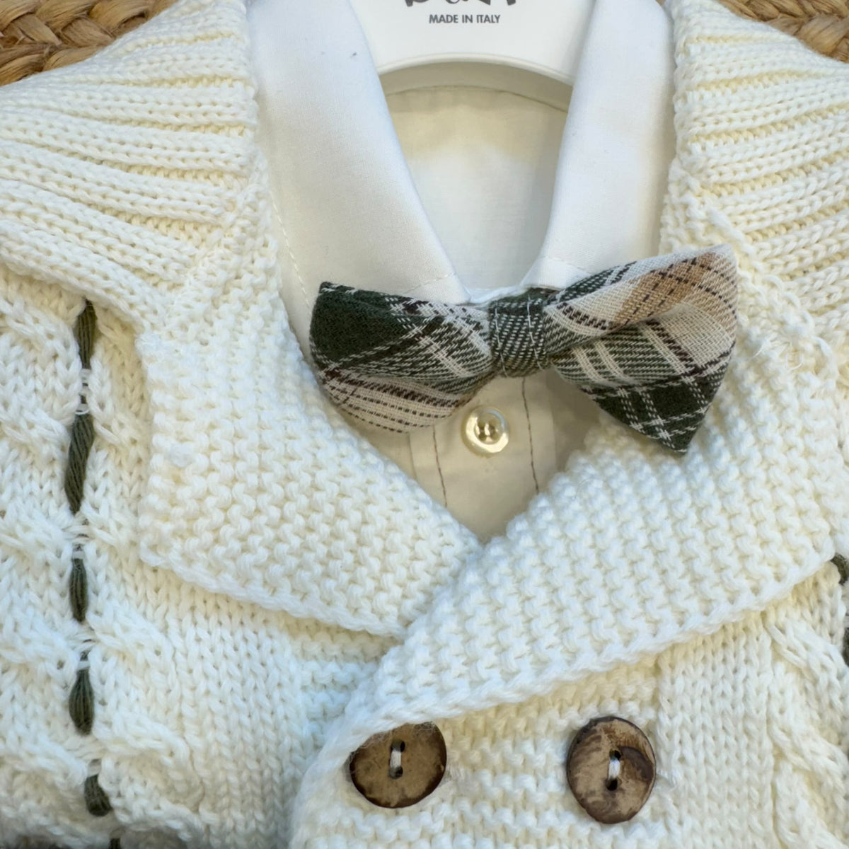 Completo cerimonia bimbo panna e verde tartan con cardigan