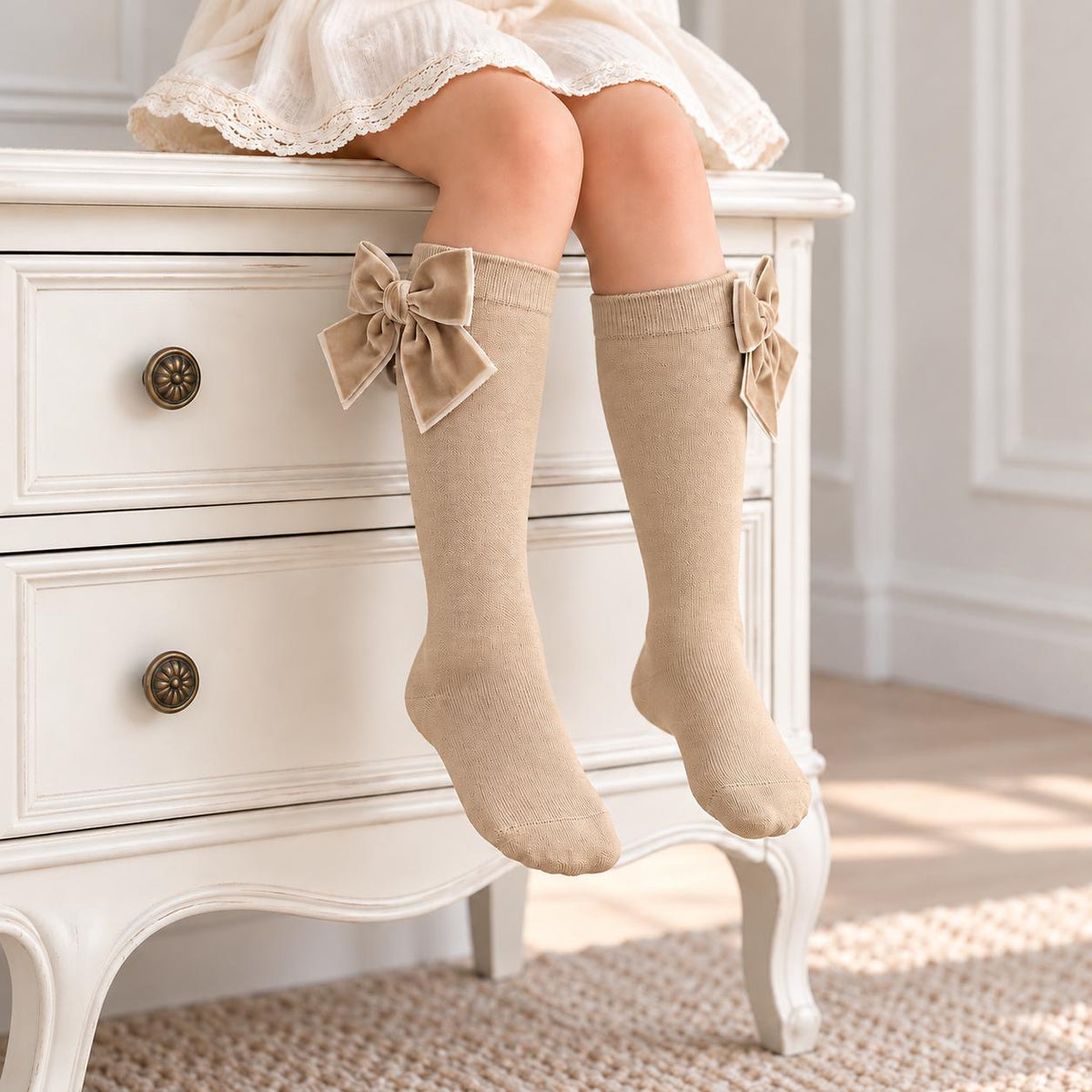 Dettaglio calzettoni bambina beige con grandi fiocchi laterali in velluto, nodo centrale avvolto, ampie estremità e lavorazione a maglia fine.