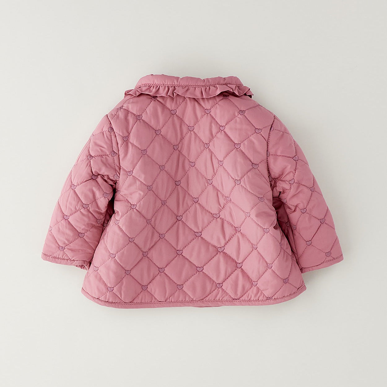 Piumino bimba rosa trapuntato con colletto volant e cuori tono su tono