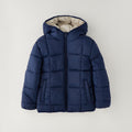 Giubbotto reversibile bimbo beige con cappuccio e dettagli blu