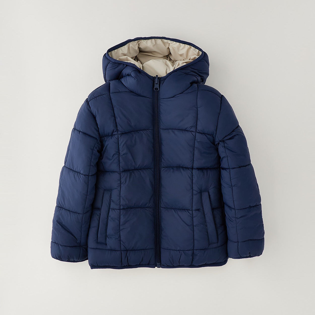 Giubbotto reversibile bimbo beige con cappuccio e dettagli blu