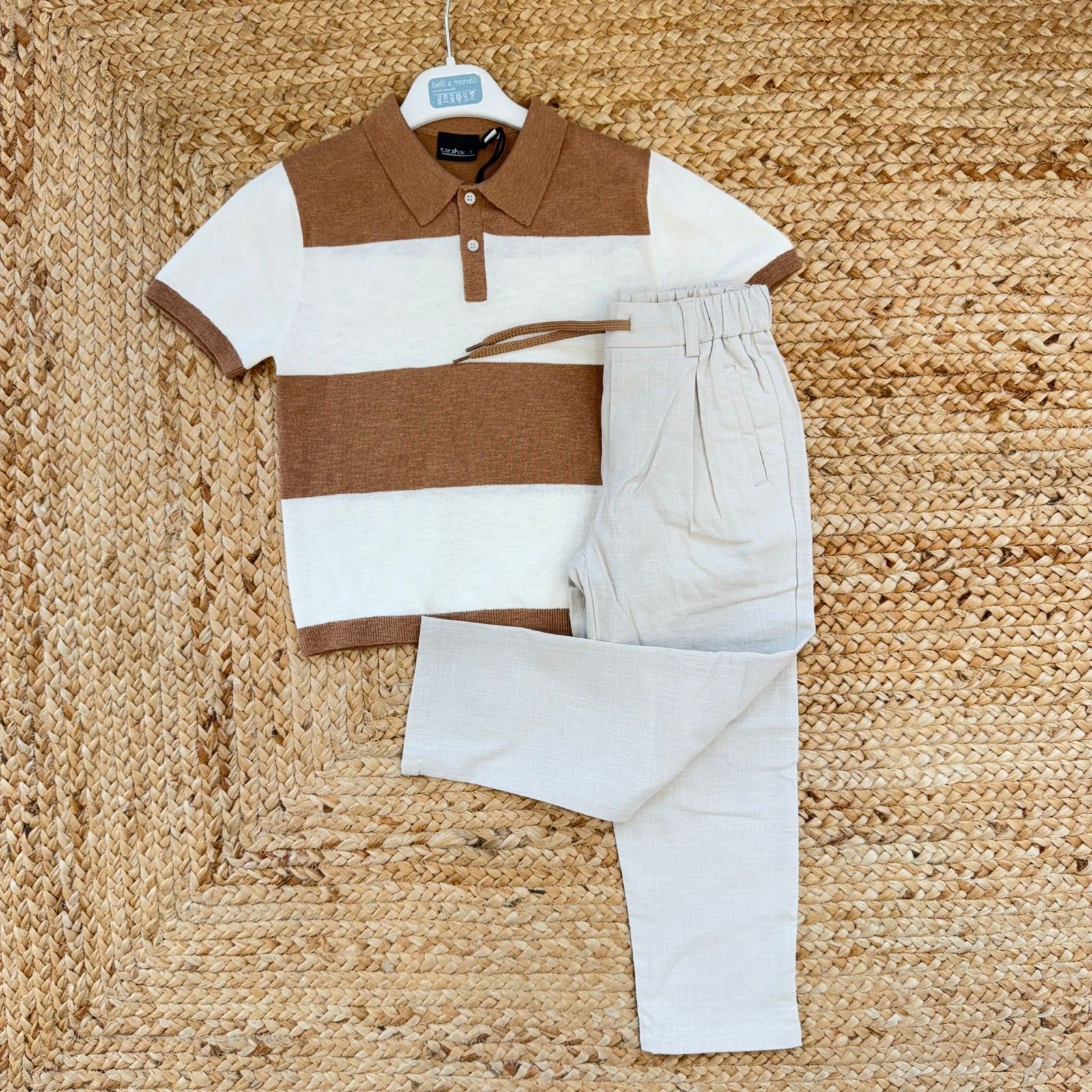 completo bimbo elegante misto lino polo rigata e pantalone