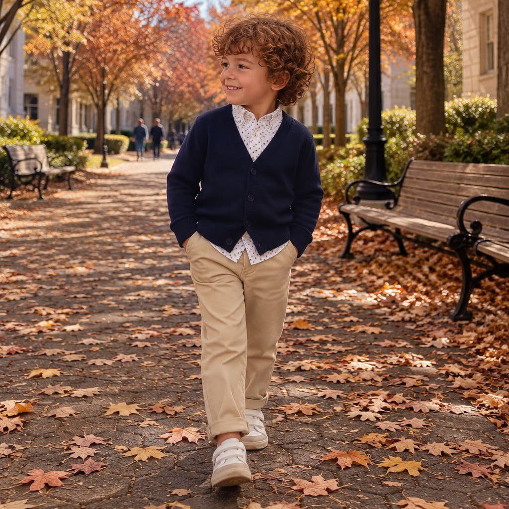 Bambino con maglia polo a righe blu e beige e pantalone blu