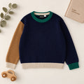 Pullover bimbo blu multicolor in cotone con dettagli verde cammello e beige