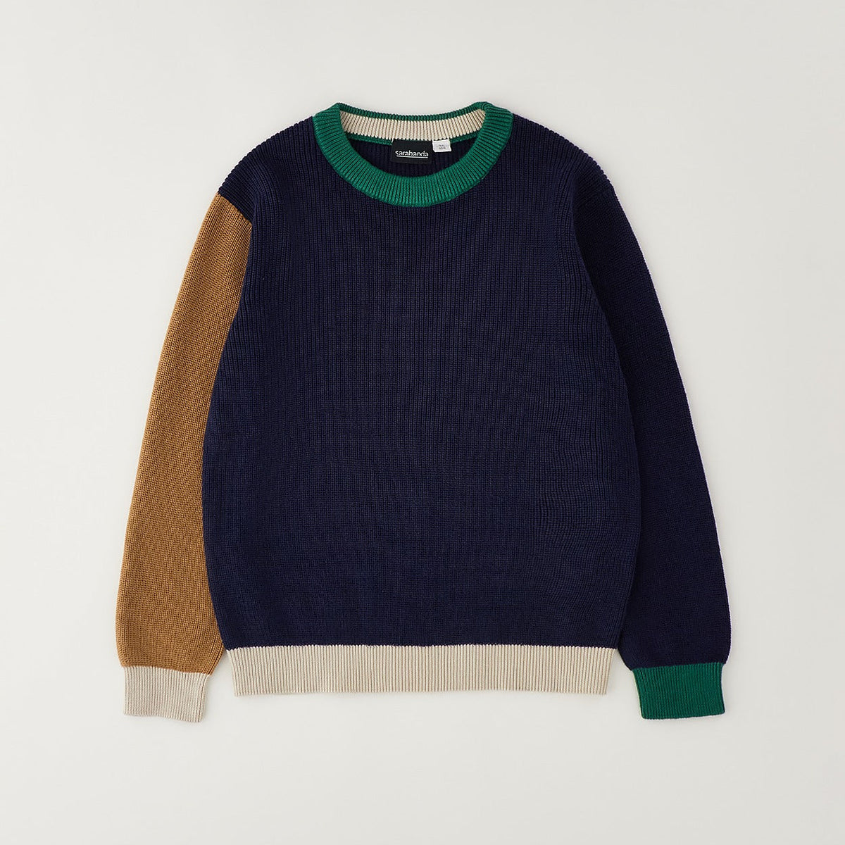 Pullover bimbo blu multicolor in cotone con dettagli verde cammello e beige