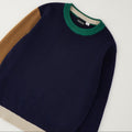 Pullover bimbo blu multicolor in cotone con dettagli verde cammello e beige