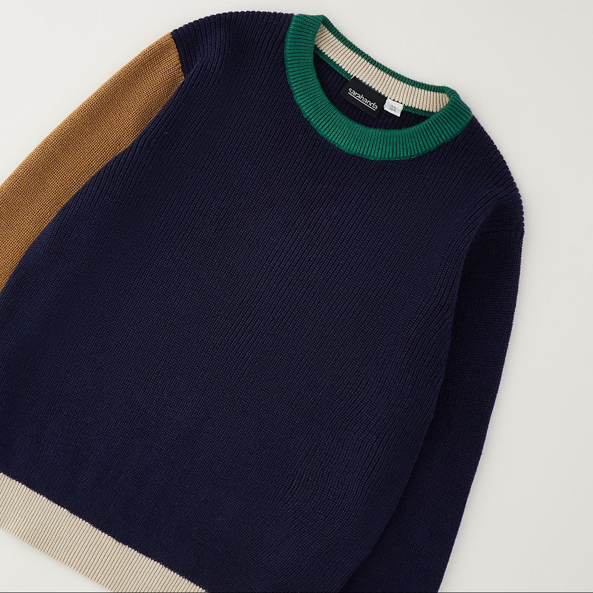 Pullover bimbo blu multicolor in cotone con dettagli verde cammello e beige