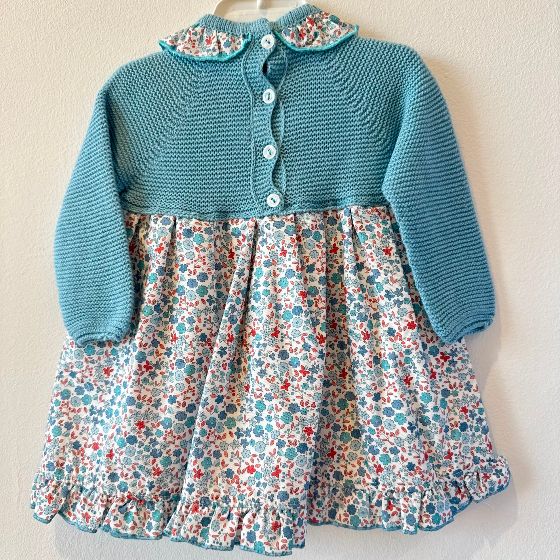 Abitino bimba in cotone verde acqua polveroso con corpetto a maglia, colletto arricciato e gonna floreale
