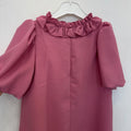 Abito elegante bambina rosa antico in misto cotone con fiori applicati, maniche a palloncino e collo con volant
