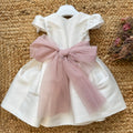 retro abito battesimo bimba con grande fiocco rosa in tulle