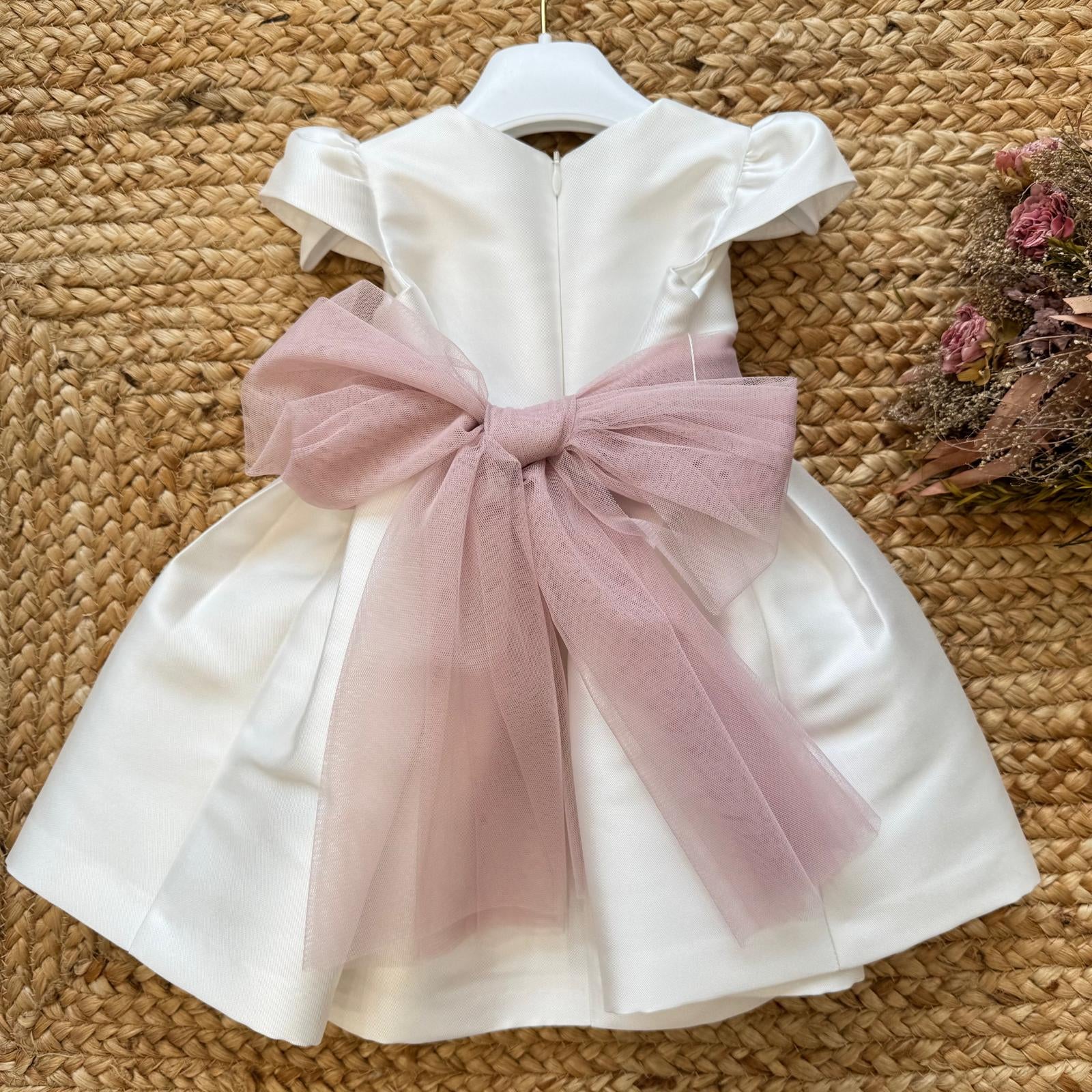 retro abito battesimo bimba con grande fiocco rosa in tulle