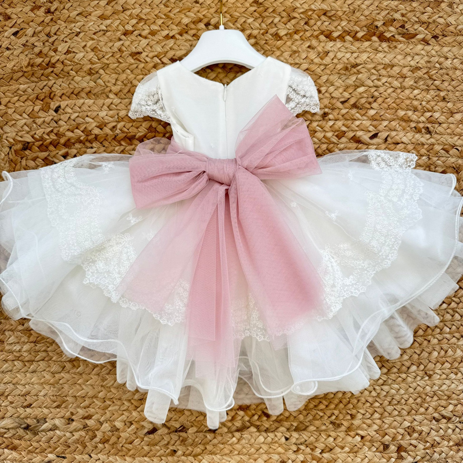 retro abito battesimo bimba con grande fiocco rosa