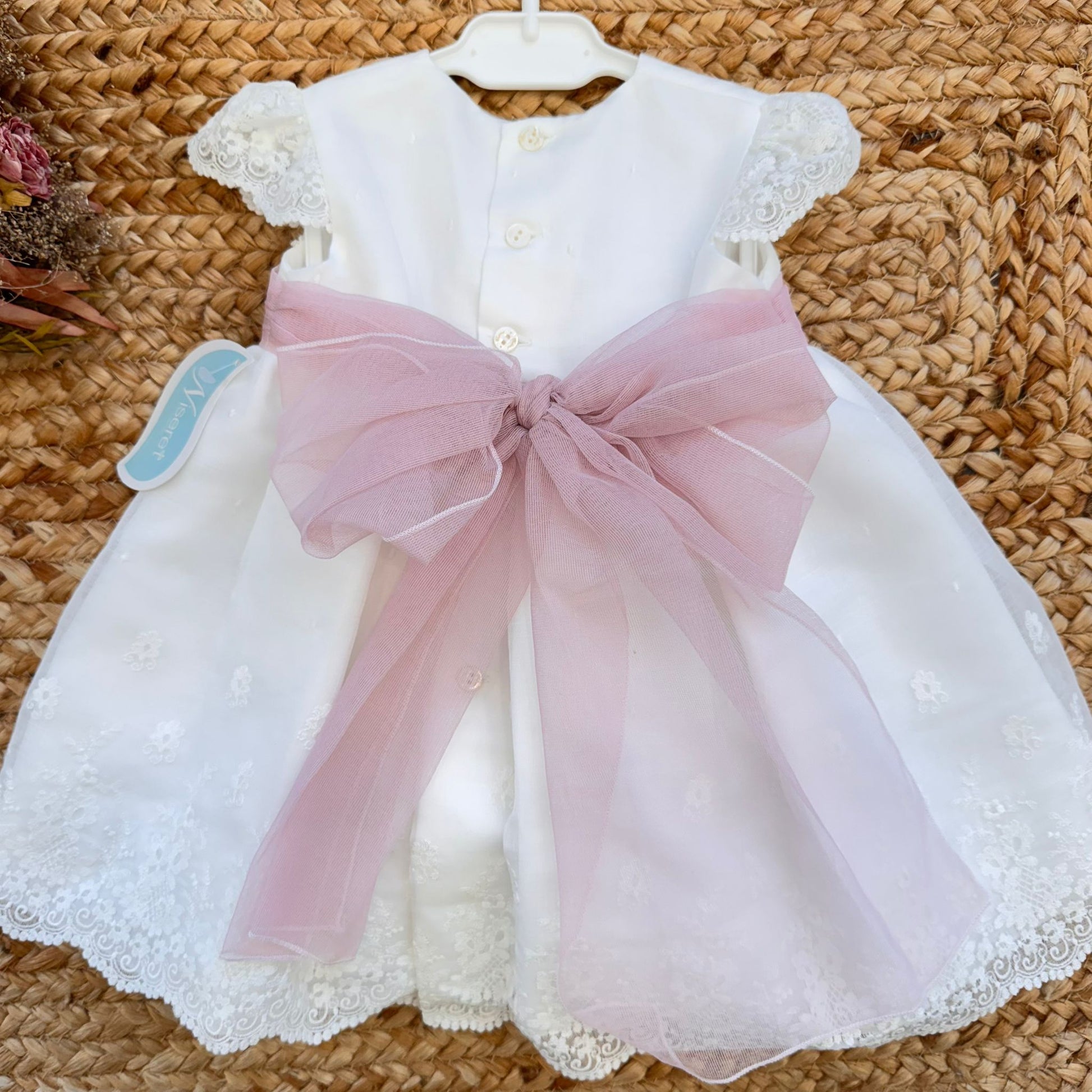 retro abito battesimo bimba con maxi fiocco rosa