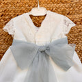 Retro abito battesimo bimba con maxi fiocco in tulle azzurro polvere
