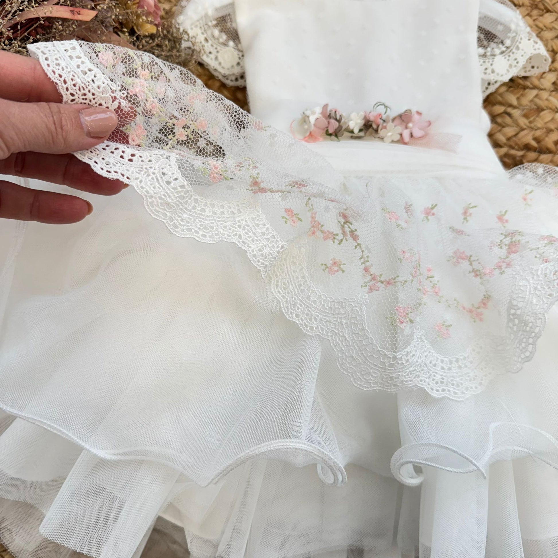 retro abito battesimo bimba con grande fiocco in tulle