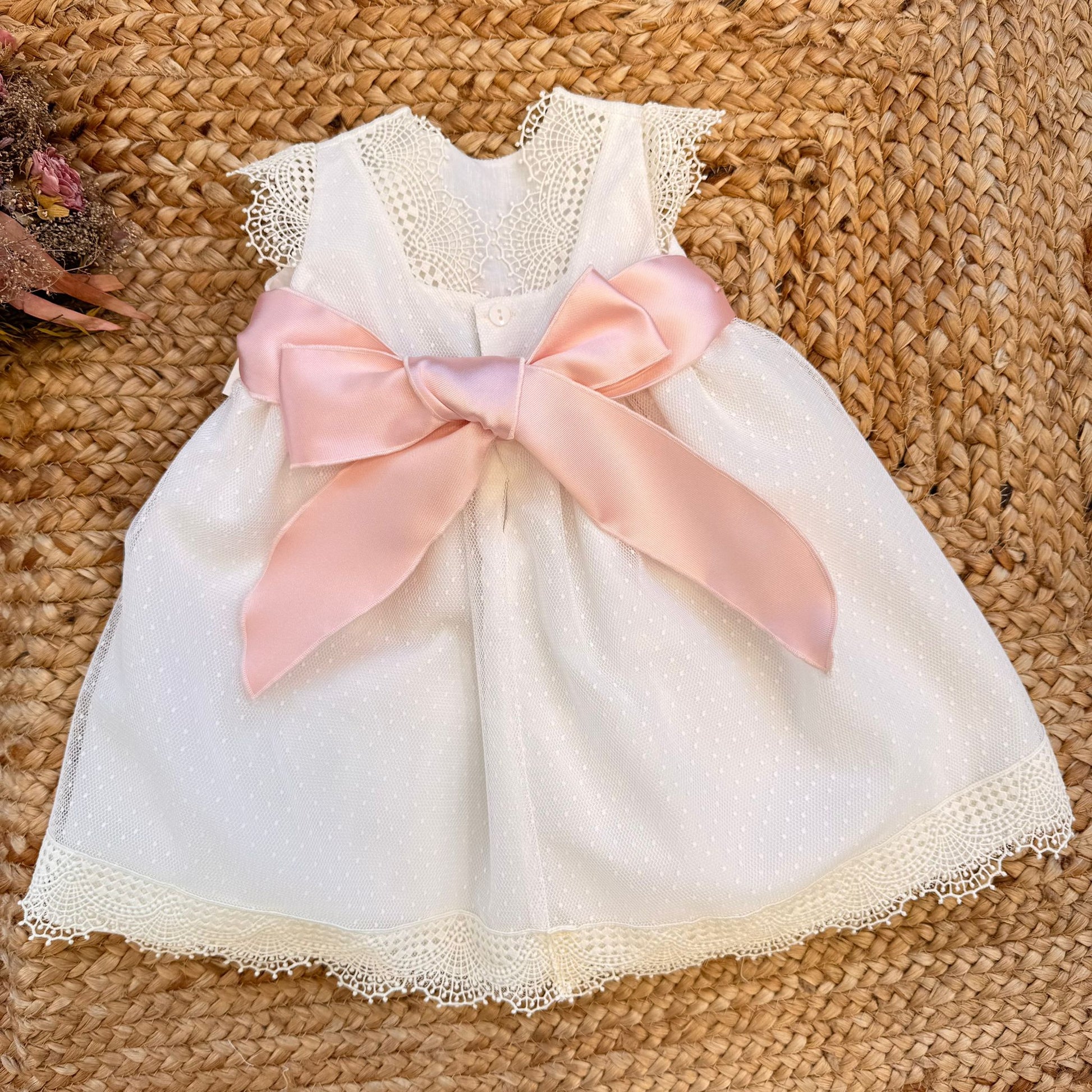 retro abito bimba con grande fiocco rosa cipria