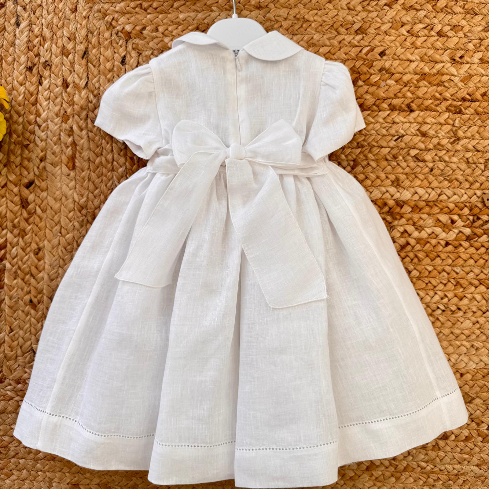 Retro abito bimba in lino bianco con fiocco grande e zip