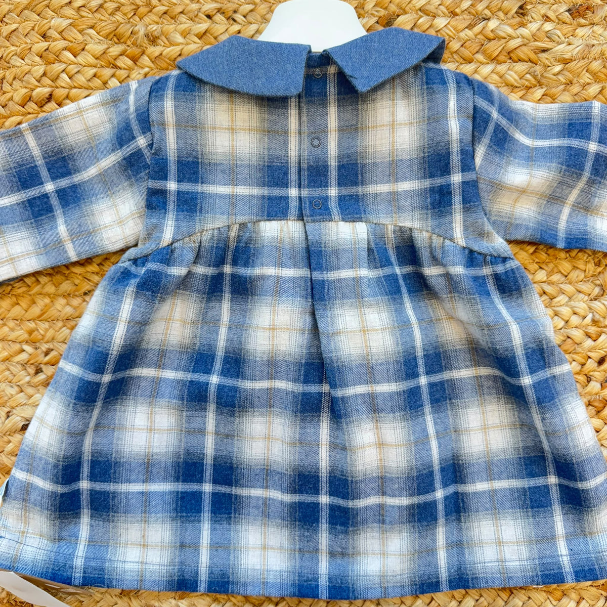 Abito bimba a quadri in cotone con colletto azzurro ricamato