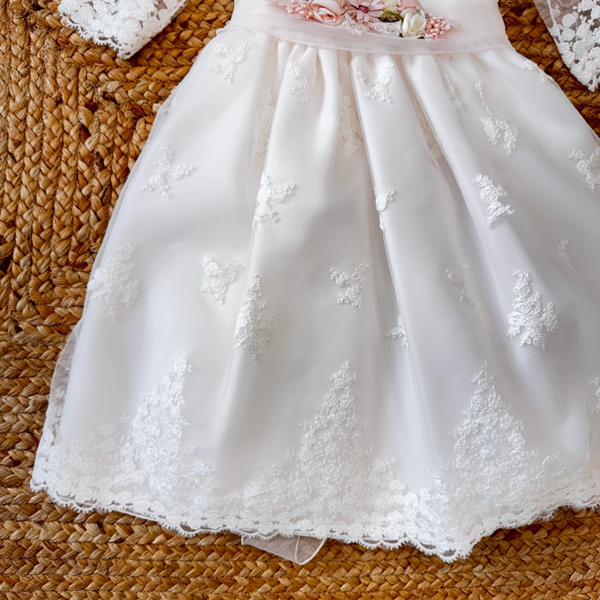 Retro abito bambina avorio con fiocco in tulle rosa cipria