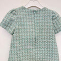 Abito elegante bambina in tweed verde acqua con dettagli gioiello avorio, maniche corte e linea svasata