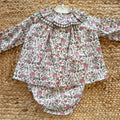 Abito pagliaccetto bimba floreale rosa con culotte coordinata e colletto volant