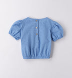 Completo bimba azzurro in sangallo con top a maniche a sbuffo e pantaloncini con fiocco