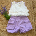 Completo bambina estivo con top ricamato e pantaloncini lilla con fiocco a righe