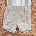 Retro completo battesimo bimbo beige con bretelle incrociate e vita elasticizzata