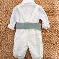 Retro completo battesimo bimbo con fascia verde salvia e pantalone bianco elegante