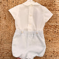 Retro completo battesimo bimbo con chiusura posteriore e pantaloncino celeste polvere