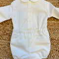Completo Battesimo bimbo panna con camicia a pieghe e pantaloncino corto