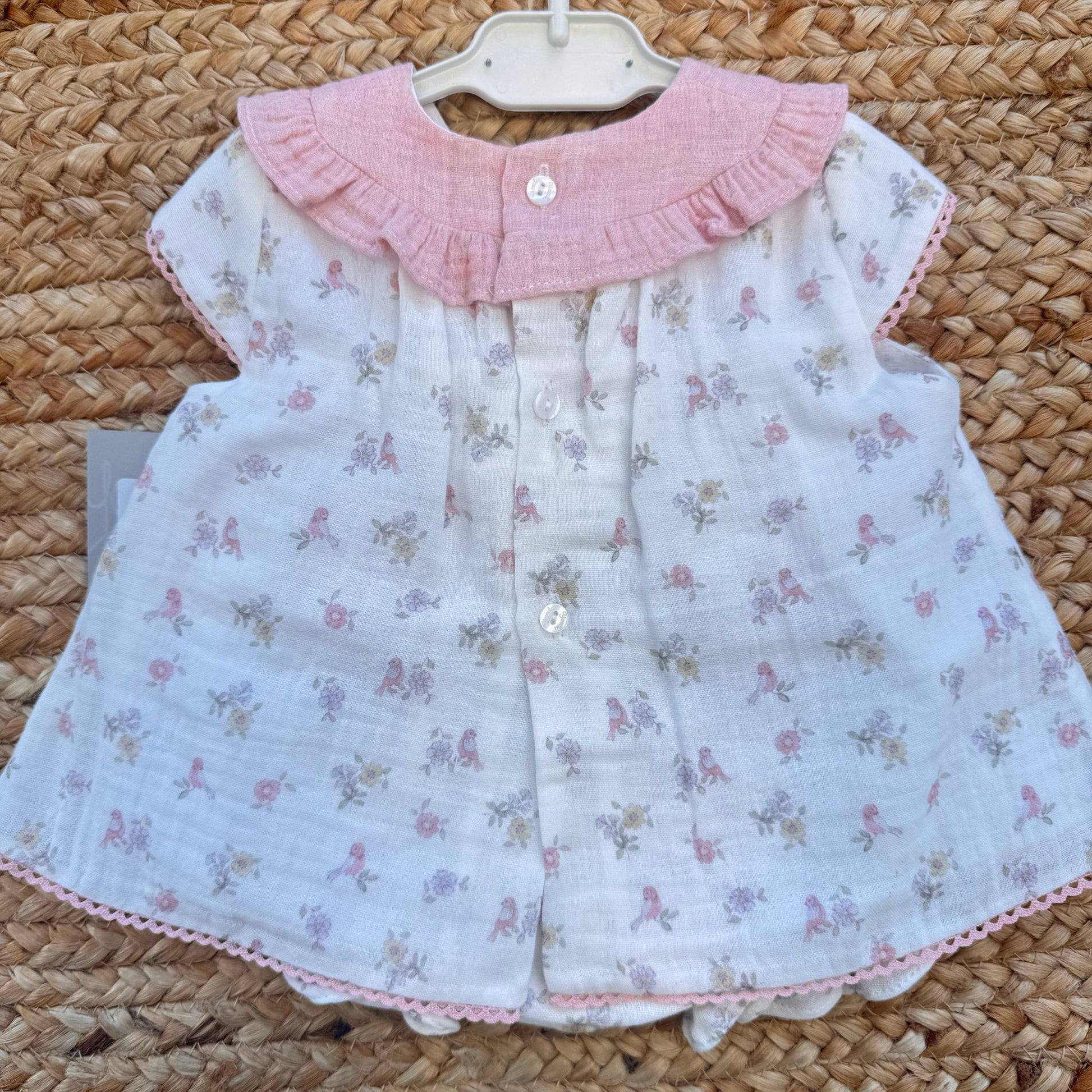 Completo bimba con culotte fantasia floreale e uccellini rosa