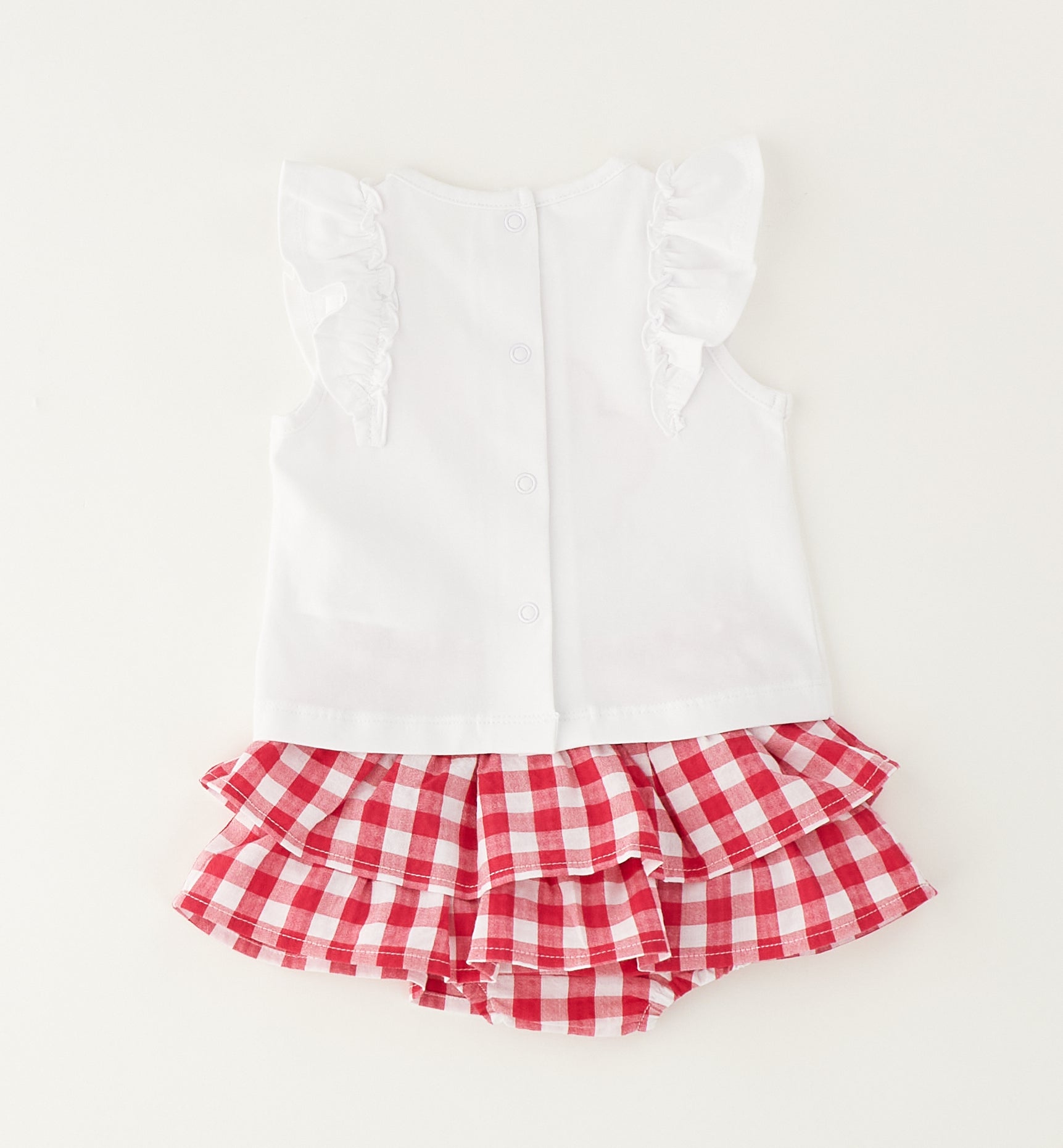 Retro completo bimba con maglia con volant e culotte con balze vichy
