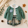 Completo bimbo con cardigan verde salvia, body bianco e pantaloncino scozzese Juliana.
