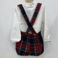 Completo salopette natalizio bimbo Calamaro Baby con camicia bianca e pantaloncini tartan rossi, verdi e blu con bretelle